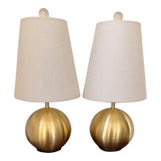 Kate Spade New York Modern Brass Globe Table Lamps With Linen Shades and Glass/Gold Finials - a Pair For Sale