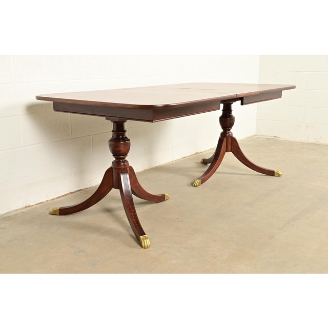 Baker Furniture Style Georgian Mahogany Double Pedestal Extension Dining Table, Newly Refinished For Sale - Image 9 of 18