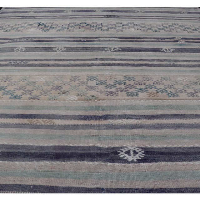 Mid 20th Century Vintage Turkish Flat-Weave L. Green, Taupe, Butter, Lavender & Ink Blue For Sale - Image 5 of 11
