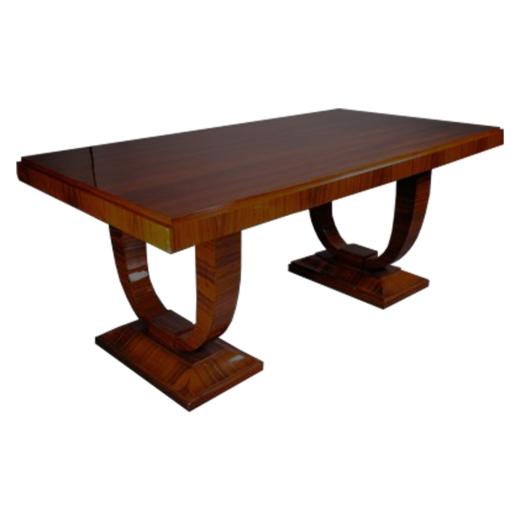 Antique Art Deco Dining table in rosewood with a high gloss finish. The two demi-lune bases are a classic element of the...