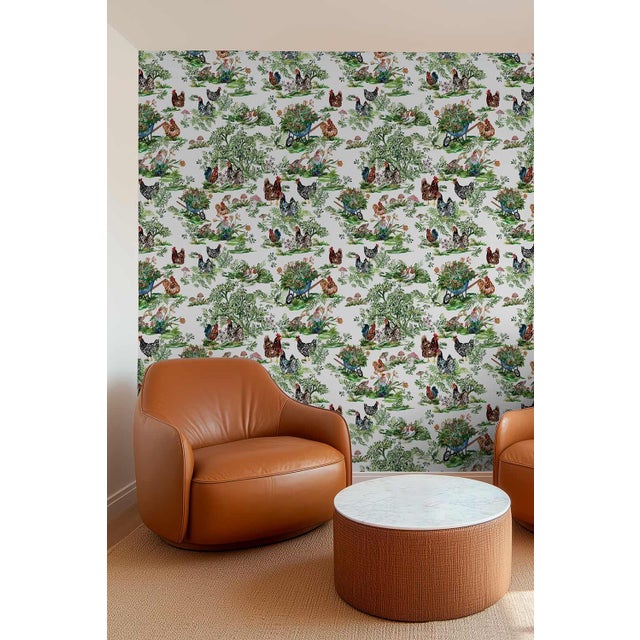 Cluckingham Farm Toile Grasscloth Wallpaper by House Party | Egg White | 6 Yards For Sale In Charlotte - Image 6 of 8