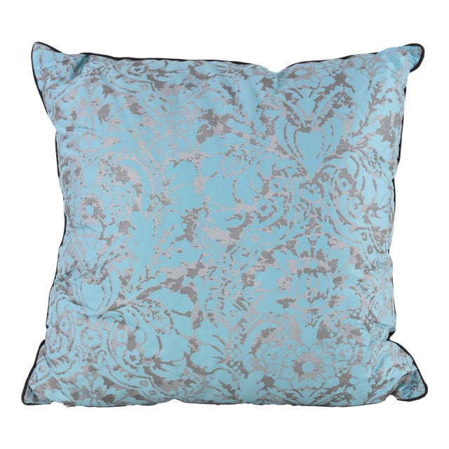 Vintage-Inspired Blue & Gray Damask Pillow For Sale