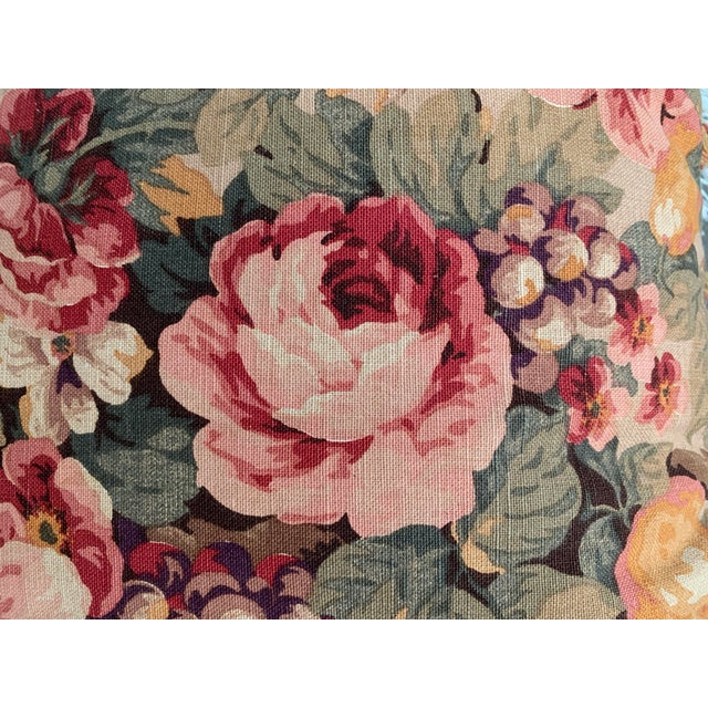 1990s Vintage Decorative Cushion Pillow Floral Cabbage Roses and Fruits Pattern Cotton Linen Tassels Borders 19” X 19” For Sale - Image 5 of 12