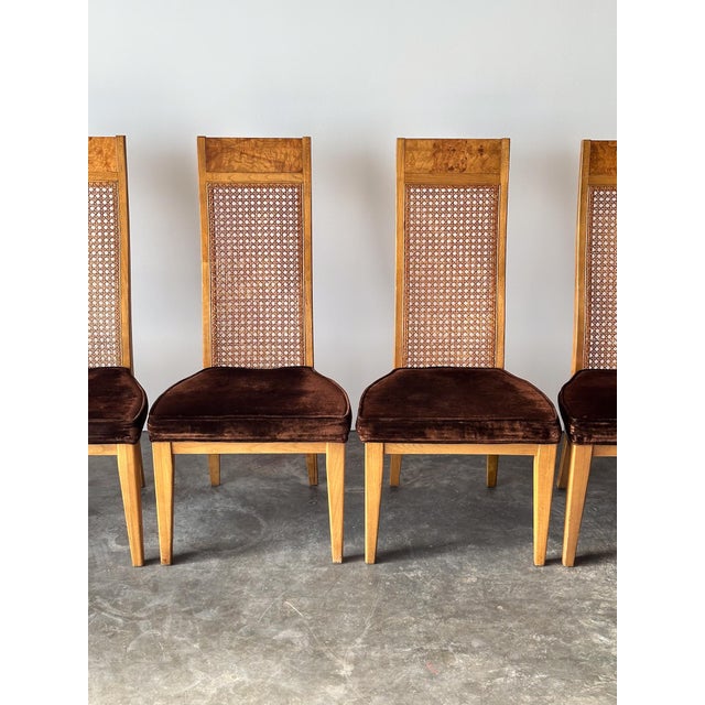 Altavista Lane Set of 6 Milo Baughman Style Cane Back Burl Dining Chairs by Lane, 1970s For Sale - Image 4 of 18