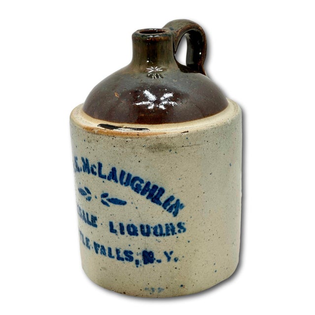 Blue Nice Small Antique 1/2 Gallon Size Stoneware Wholesale Liquor Merchants Jug From Little Falls New York For Sale - Image 8 of 18