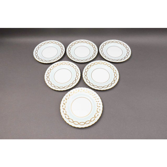 Contemporary Late 20th Century Minton England S600 Gold Laurel Leaves Light Blue Salad Dessert Plates- Set of 6 For Sale - Image 3 of 5