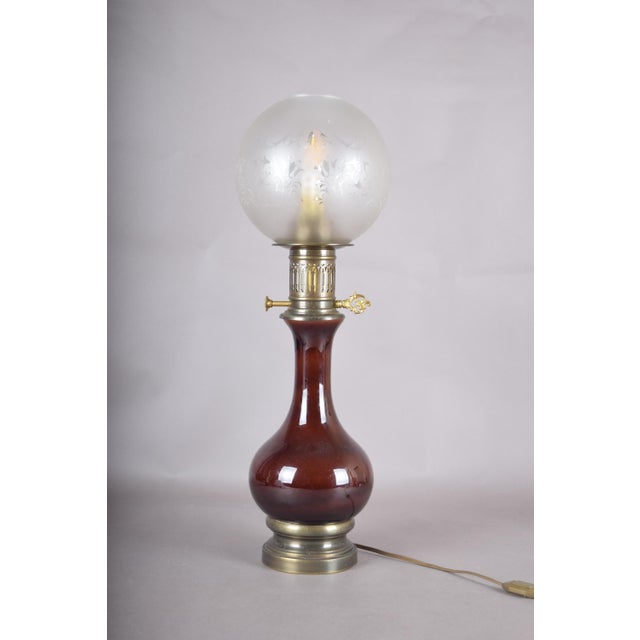 Amber-Brown Glass and Brass Table Lamp with Etched Glass Globe, 1950s For Sale - Image 9 of 18