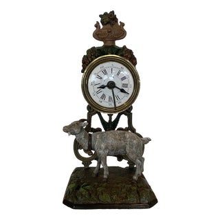 Small Polychrome Spelter Clock with Goat Decoration For Sale