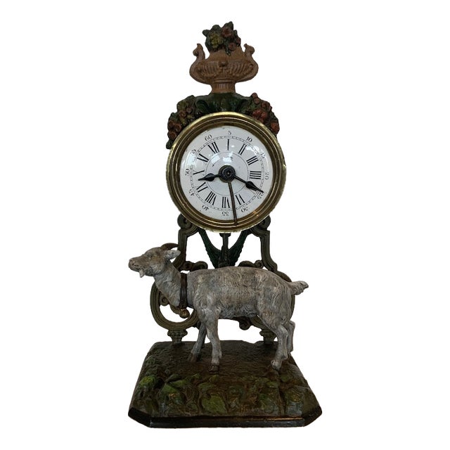 Small Polychrome Spelter Clock with Goat Decoration For Sale