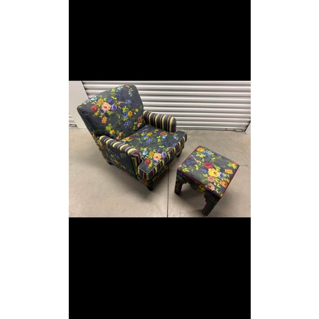 Adorable Mackenzie-Childs Custom Club Chair & Ottoman! Maximalist design. Footstool dimensions are 17” x 17 x 19”