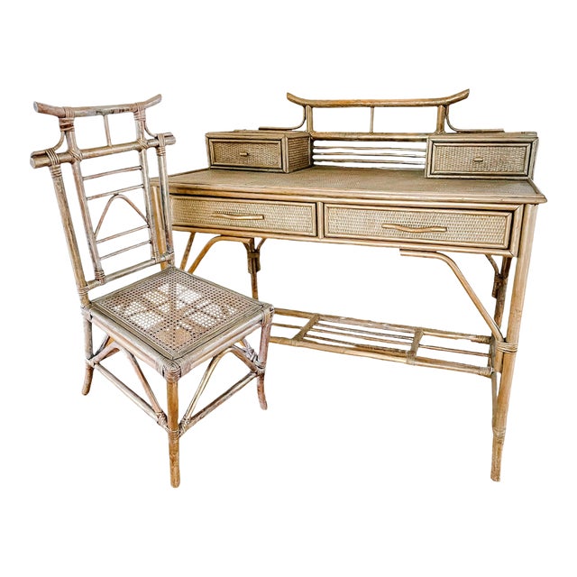 Mid-Century Hollywood Regency Bamboo & Rattan Pagoda Writing Desk and Chair Set - 2 Piece For Sale