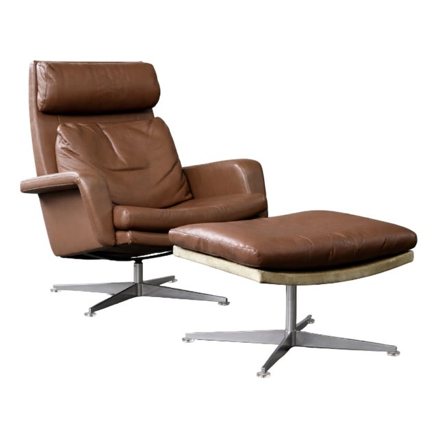 Set of Mid-Century Modern Danish Brown Leather Swivel Chair & Ottoman, 1970s For Sale
