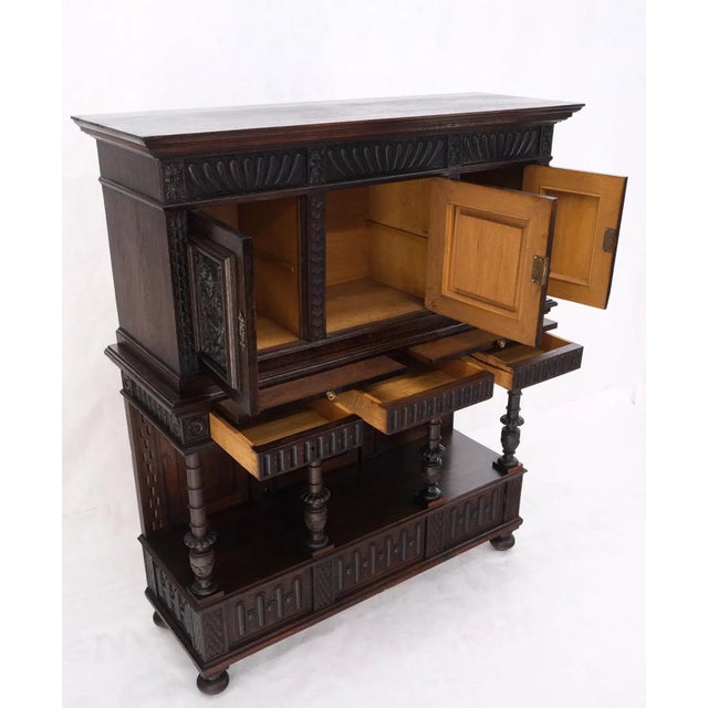 Carved Oak Jacobean Style 3 Doors Drawers Server Credenza Cabinet Cupboard For Sale - Image 9 of 13