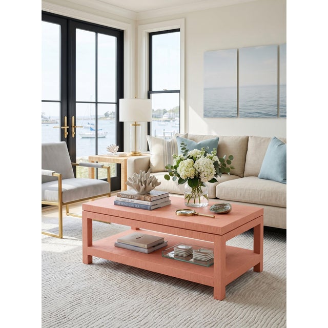 Custom Modern Raffia Coffee Table. The Paint Name Is "Montecillo Peach." For Sale In New York - Image 6 of 6