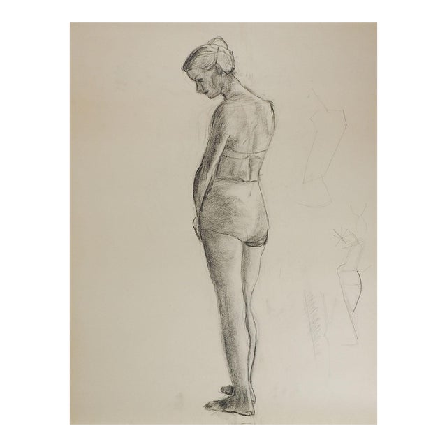 Mid 20th Century Charcoal Portrait Drawing of Standing Woman For Sale