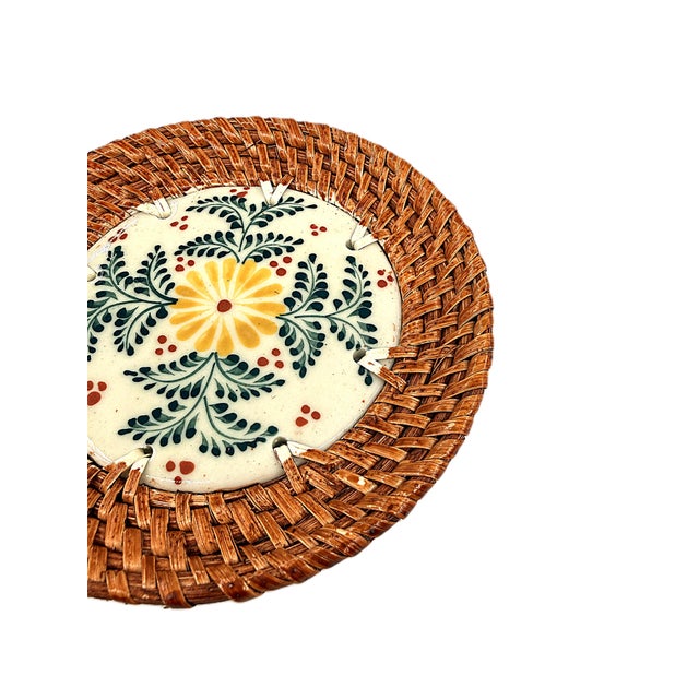 2020s Asian Modern Bat Trang Vietnam Rattan & Ceramic Coasters With Hand Painted Yellow Floral Motif - Set of 4 For Sale - Image 5 of 7