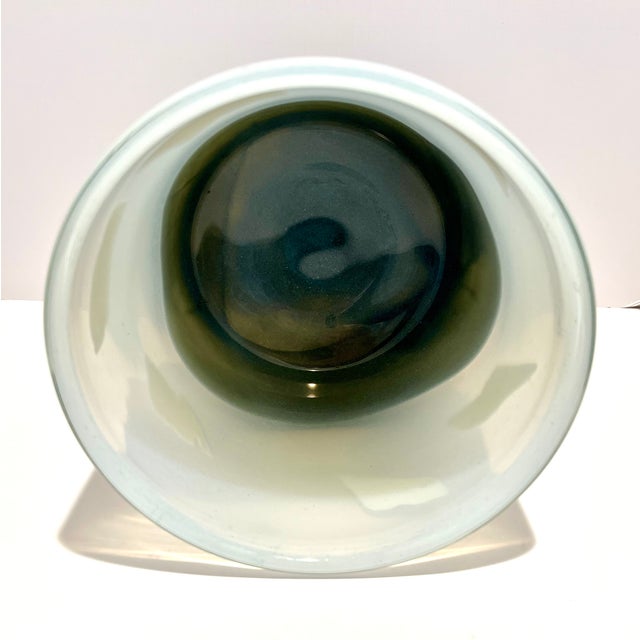 Signed Henry Dean Belgian Mouth-Blown Art Glass Cylinder Vessel / Hurricane Seafoam Blue & Olive For Sale - Image 4 of 7