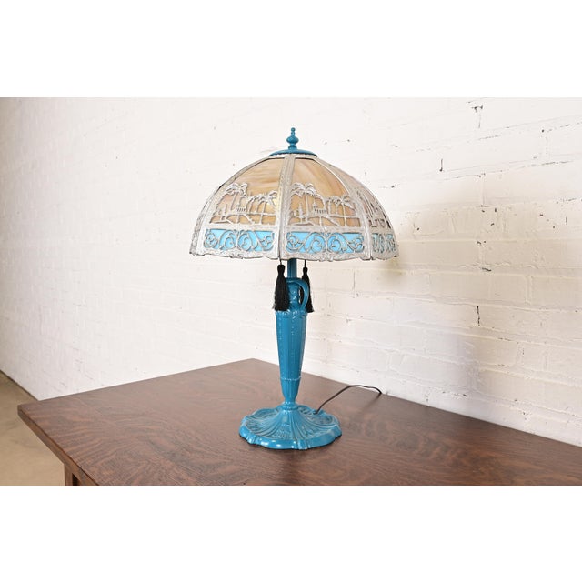 Art Deco Handel Style Antique Art Nouveau Slag Glass Turquoise Table Lamp With Palm Tree Motif, Circa 1920s For Sale - Image 3 of 12