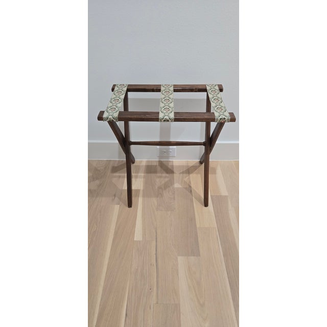 Vintage Wood Folding Luggage Stand W/Decorative Woven Tapestry Straps For Sale - Image 4 of 7