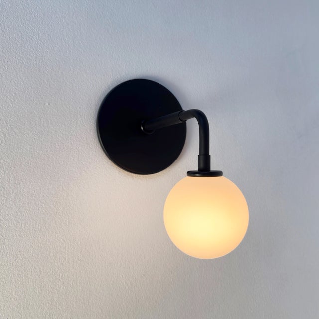 Mid-Century Modern Pair of Small Bent Arm Sconces by Research.Lighting, Black, Glass, Mid Century Modern For Sale - Image 3 of 11