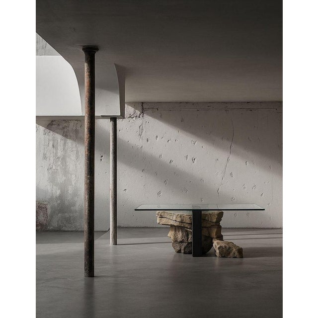 Vulcano Dining Table in Volcanic Stone with Steel and Glass by Marsica Fossati For Sale - Image 6 of 8
