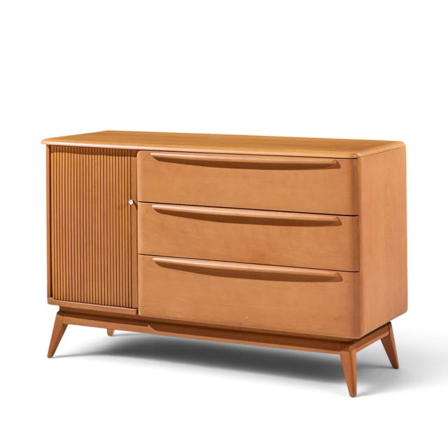Champagne Heywood Wakefield Mid Century Champagne Tambour Door Sideboard Credenza With Hutch For Sale - Image 8 of 12