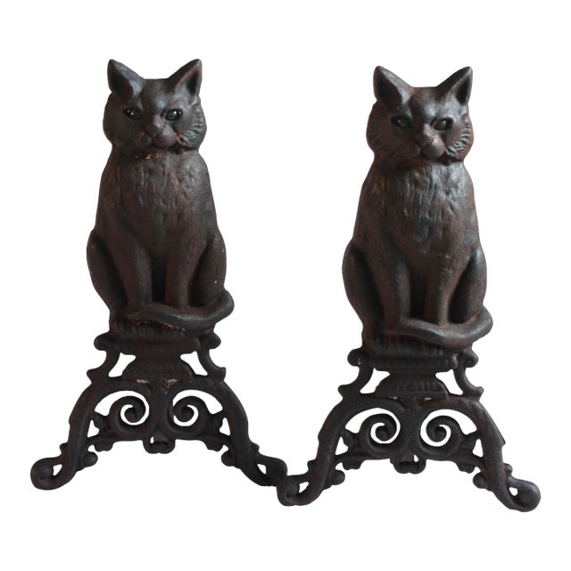 Pair of Victorian Cat Andirons With Original Glass Eyes For Sale
