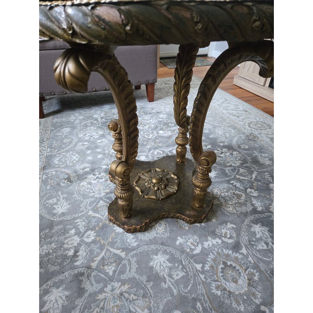 Mid 20th Century Vintage Hollywood Regency MCM Brass-Gilded Eglomise Glass Top Accent Table For Sale - Image 5 of 6