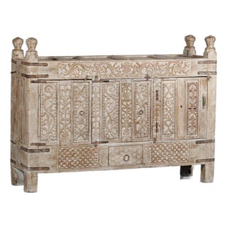 Antique Indian Carved Bleached Teakwood Damachiya For Sale