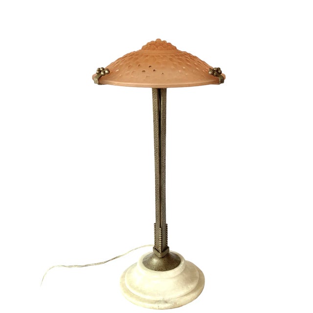 1920s Art Deco Pink Table Lamp Attributed to Edgar Brandt, Muller Freres Luneville, France, 1930s For Sale - Image 5 of 13