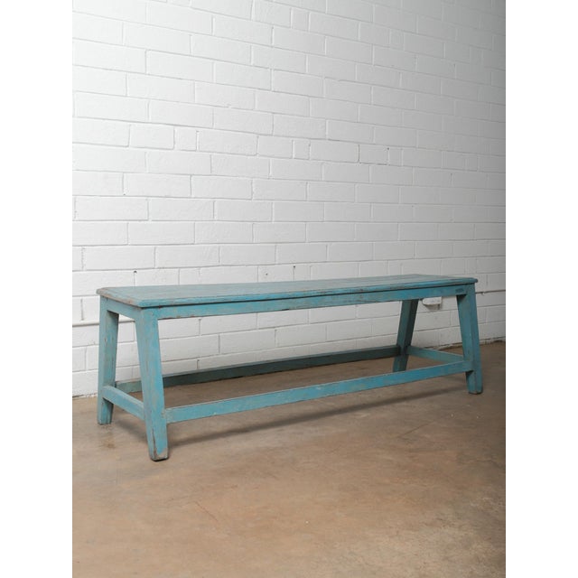 Rustic Vintage Blue Painted Rustic Farmhouse Wooden Bench For Sale - Image 3 of 5