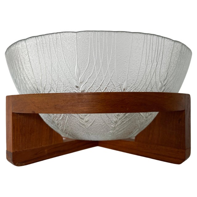 1960s Danish Glass Salad Serving Bowl on Curved Teak Wood Stand For Sale - Image 11 of 11