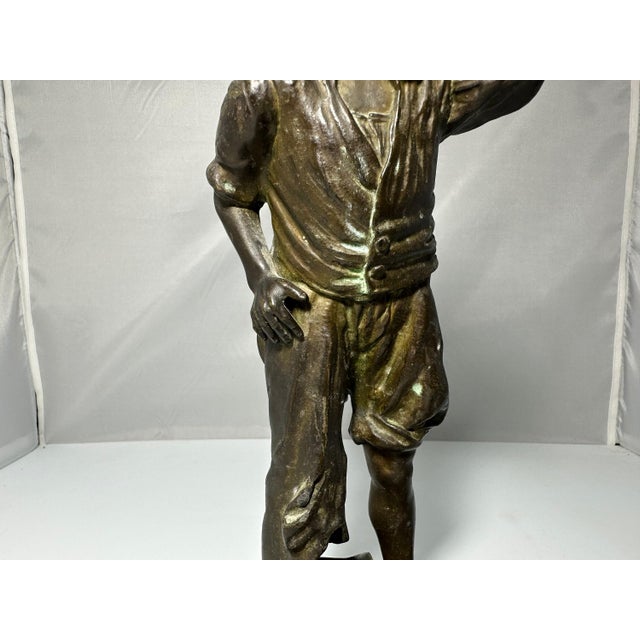 Art Nouveau Bronzed Spelter Boy Figurine on Marble Base - Continental Antique For Sale - Image 3 of 10