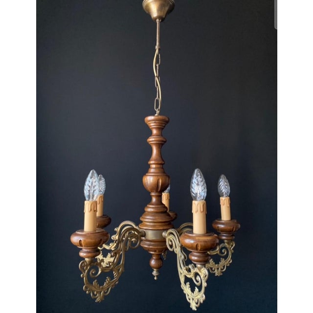 1960s Antique Wood and Brass Chandelier, 1960s For Sale - Image 5 of 11