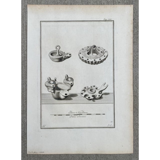 From a group of 18th century engravings of Roman Lamps, each with mythological characters and architectural elements.