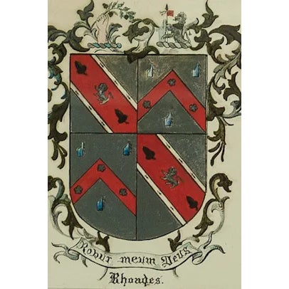 Classic c1950s "Rhoades Coat-of-Arms in red & silver colour gouache in a period oramental frame! Image Sz: 7"H x 5"W