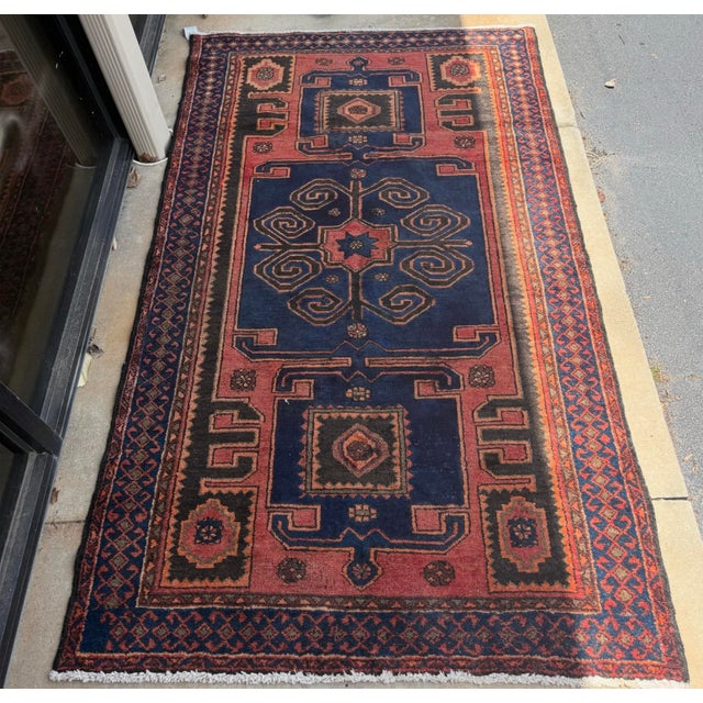 Mid-Century Hand Knotted Wool Rug - Navy Madder Tribal Geometric For Sale In Atlanta - Image 6 of 11