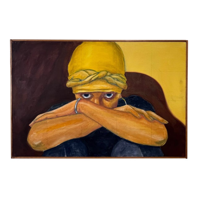Contemporary Figurative Portrait, Expressive Female Headwrap Oil Painting For Sale