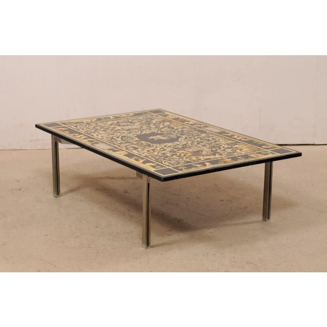 Metal Italian Coffee Table With Mythological Baroque Scenery Top on Silver Metal Base For Sale - Image 7 of 12