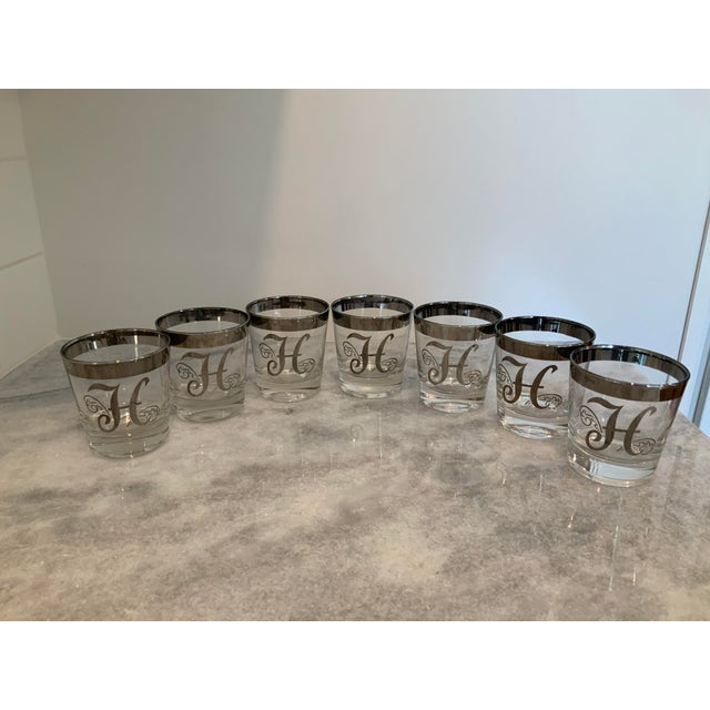 Transparent Mid 20th Century Silver Rimmed “h” Low Ball Glasses- Set of 7 For Sale - Image 8 of 8