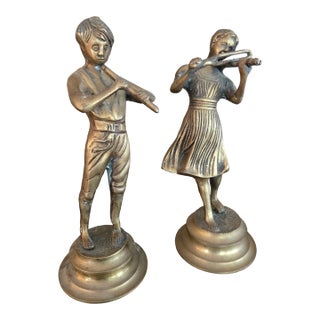 Cast Brass Bronze Musicians Playing Violin / Flute Pair Vintage Patina For Sale