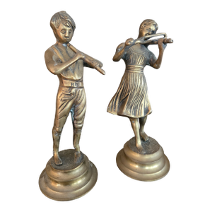 Cast Brass Bronze Musicians Playing Violin / Flute Pair Vintage Patina