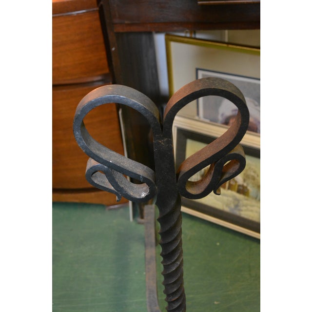 Vintage Pair Tall Black Gothic / Arts & Crafts Scroll & Twisted Iron Fire Dogs Fireplace Andirons For Sale - Image 4 of 14
