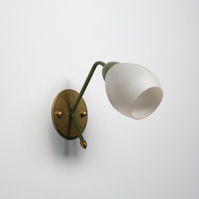 Italian Wall Lamp in Brass, Green Lacquered Metal and Opaline Glass, 1950s For Sale - Image 9 of 9