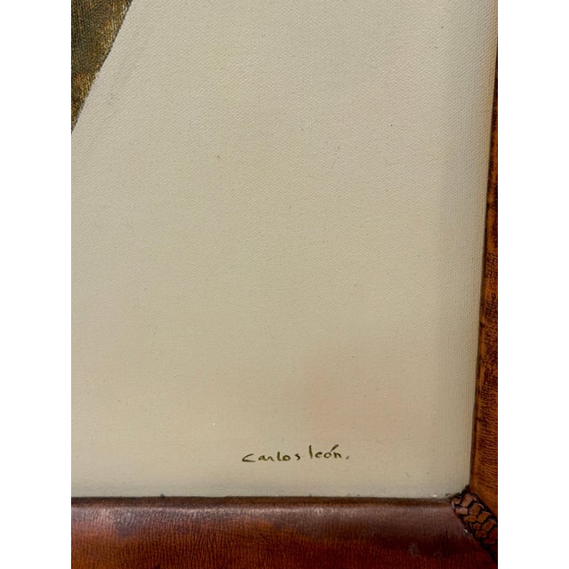 Carlos León Cruz “Untitled” Abstract Oil on Canvas, Custom Leather Frame For Sale - Image 11 of 12