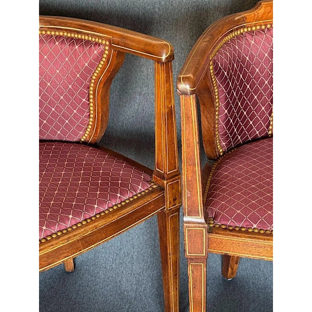 Fine Antique Edwardian Inlay Mahogany Upholstered Club Chairs With Brass Tacks, a Pair C.1900 For Sale In Tampa - Image 6 of 9