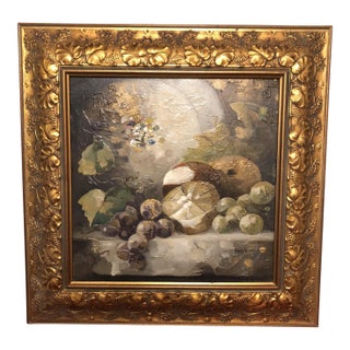 1990s Pam Rogers Original Still Life Oil Painting in Ornate Gilt Frame W/ Coa For Sale