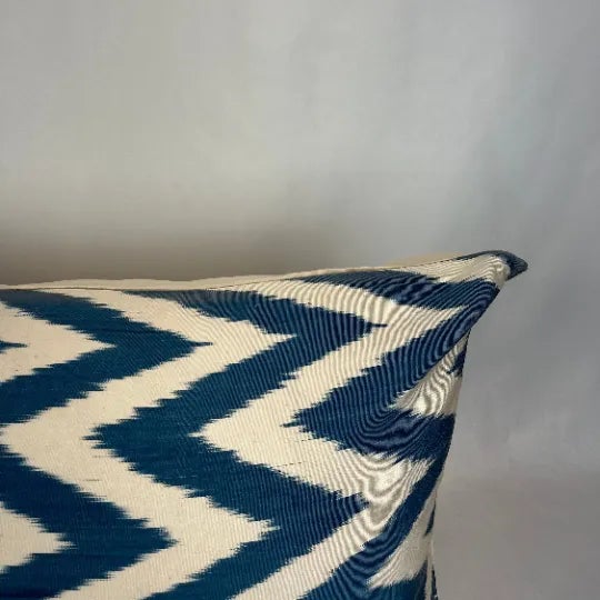Turkish Modern Blue Silk Ikat Pillow Cover For Sale - Image 4 of 6