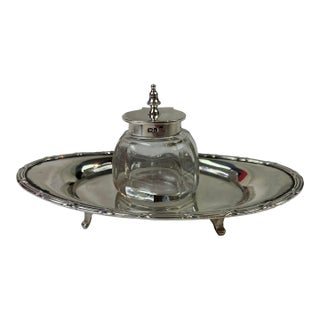 1902 Signed Mappin Webb M&w England English Sterling Silver Inkwell + Tray For Sale