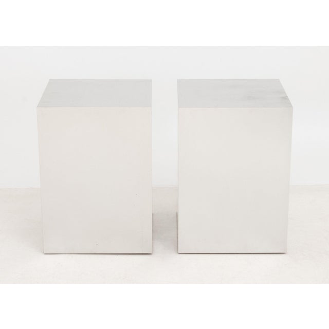 Pair of Paul Evans Style Polished Aluminum and Wood Side Tables. 24" H x 17.25" W x 17.25" D. Provenance: From a New York...